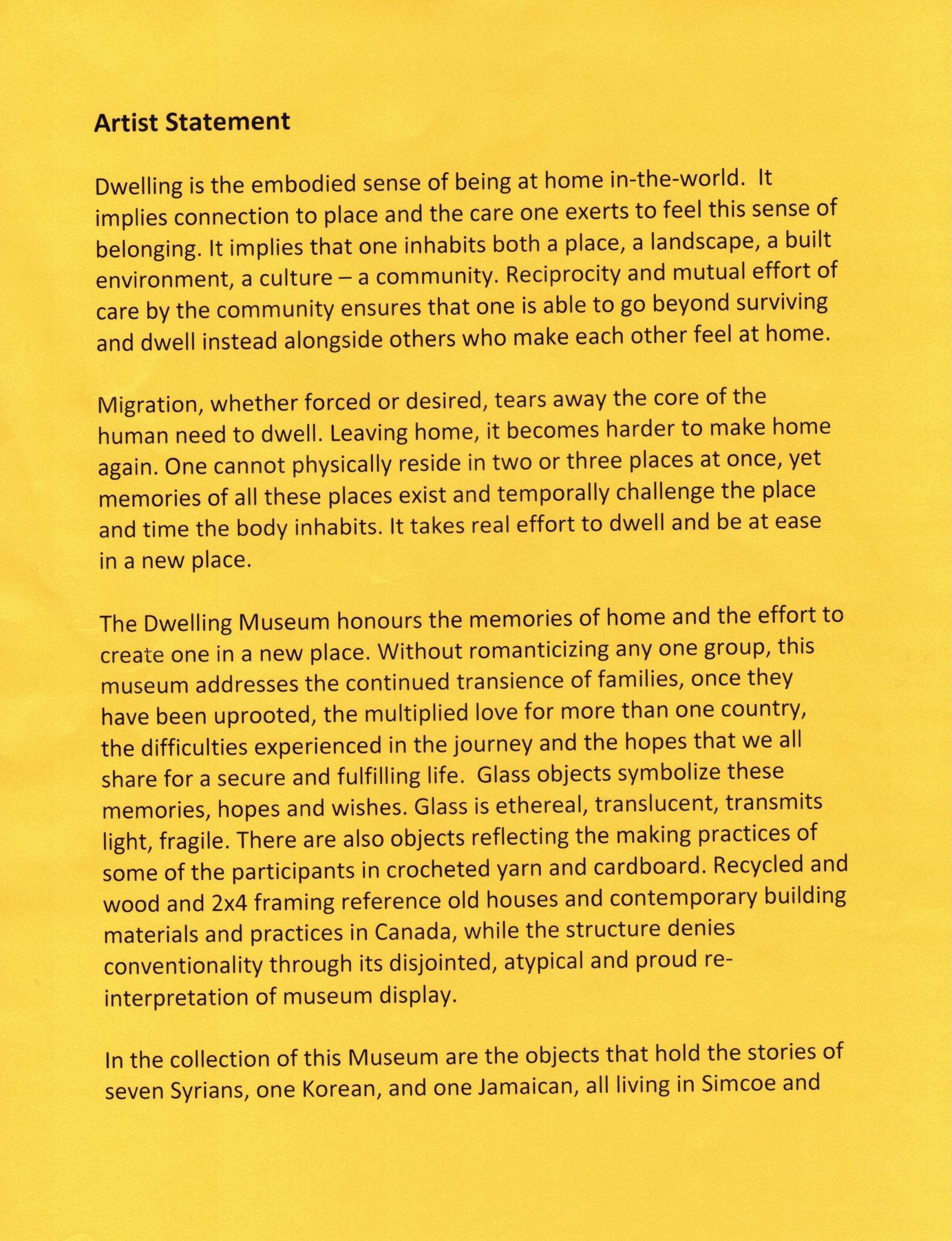 The Dwelling Museum - Artist Statement page 1